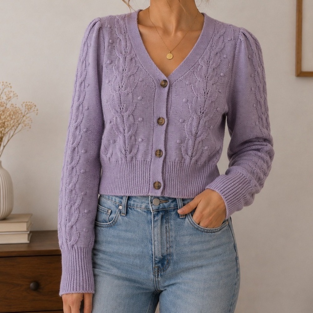 Jessica Simpson Lavender Cable Knit Cardigan M Cropped Puff Sleeve Coquette Girl